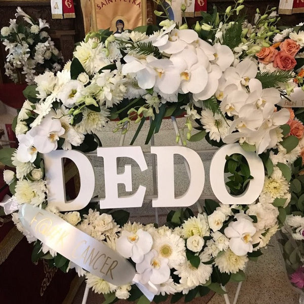 extra large white mixed seasonal wreath with wooden letter detail