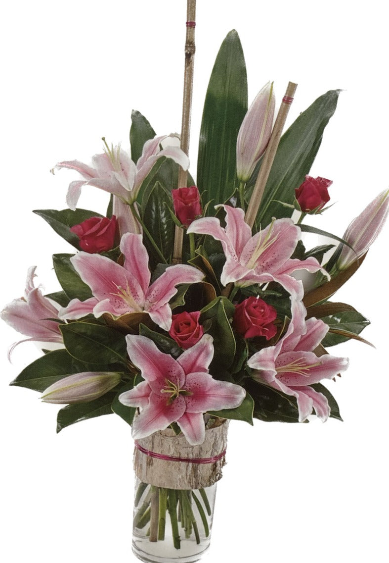 Roses and Oriental Lilies in a Vase